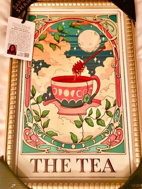 NEW SAPNA SHAH 'The Tea' Pink & Teal Art Print. 12" x 18". Gold frame.